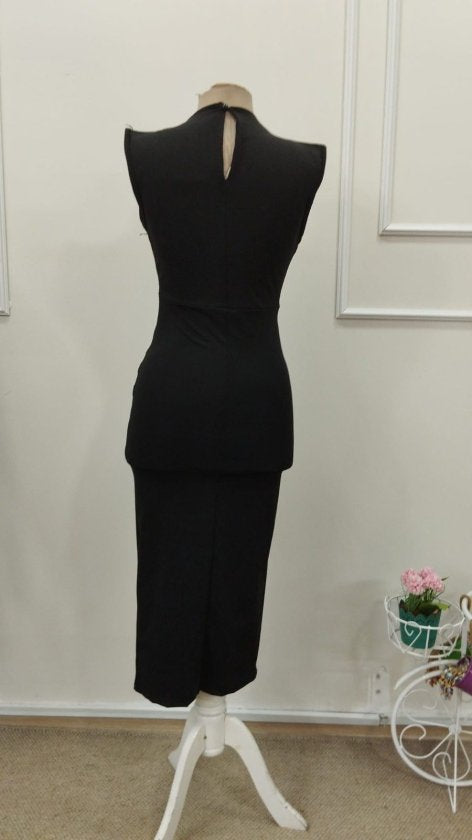 Rochie midi de damă cu guler înalt, mânecă scurtă și detaliu floral cu accesorii, 33225