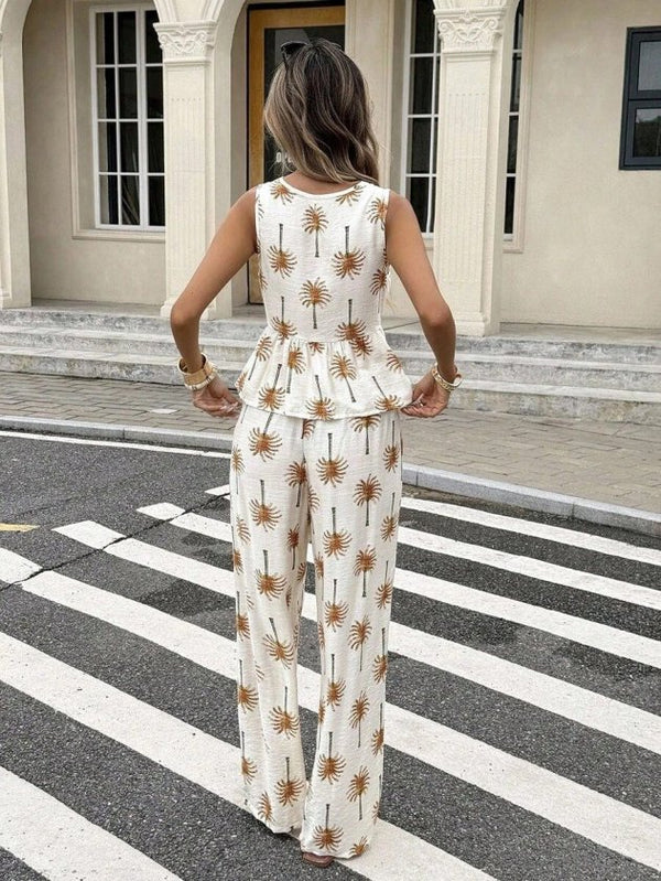 Set de două piese pentru femei, bluză și pantaloni cu imprimeu, decolteu în V, cu bretele, cu curea, 34490
