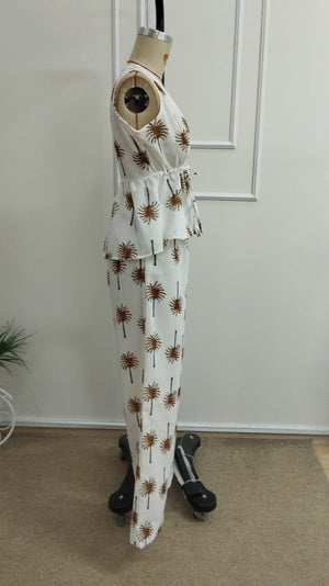 Set de două piese pentru femei, bluză și pantaloni cu imprimeu, decolteu în V, cu bretele, cu curea, 34490