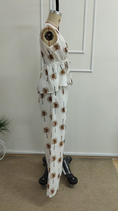 Set de două piese pentru femei, bluză și pantaloni cu imprimeu, decolteu în V, cu bretele, cu curea, 34490