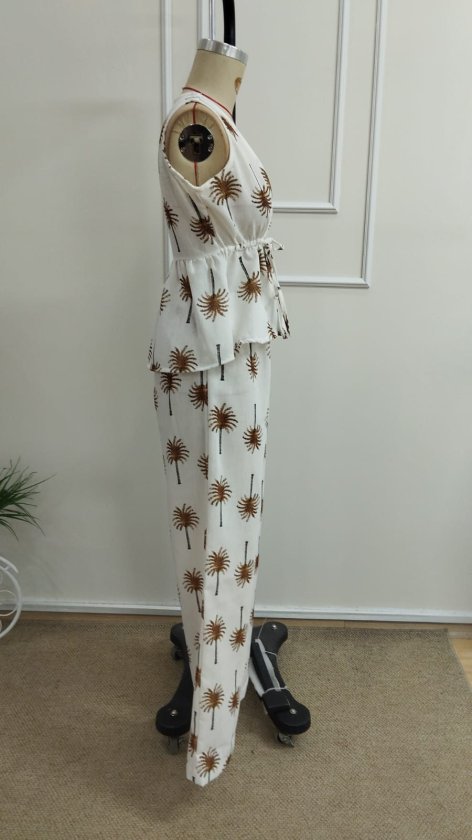 Set de două piese pentru femei, bluză și pantaloni cu imprimeu, decolteu în V, cu bretele, cu curea, 34490