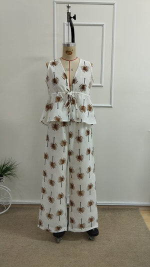 Set de două piese pentru femei, bluză și pantaloni cu imprimeu, decolteu în V, cu bretele, cu curea, 34490