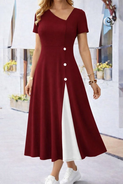 Women's Short Sleeve Asymmetric Collar Button Detail Midi Viscose Dress, 33238