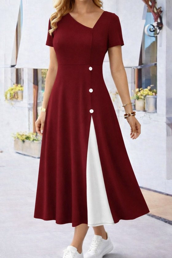 Women's Short Sleeve Asymmetric Collar Button Detail Midi Viscose Dress, 33238
