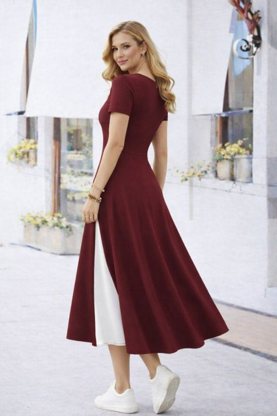 Women's Short Sleeve Asymmetric Collar Button Detail Midi Viscose Dress, 33238