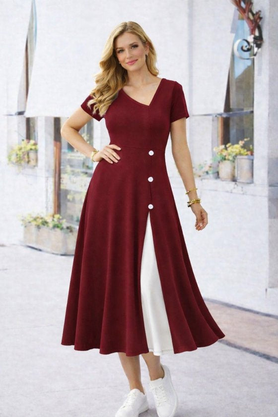 Women's Short Sleeve Asymmetric Collar Button Detail Midi Viscose Dress, 33238
