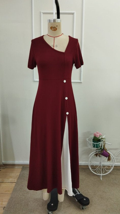 Women's Short Sleeve Asymmetric Collar Button Detail Midi Viscose Dress, 33238