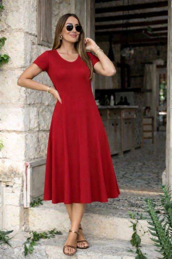 Rochie Midi Viscoză cu Mânecă Scurtă, Decolteu în V și Șliț pentru Femei, 33256