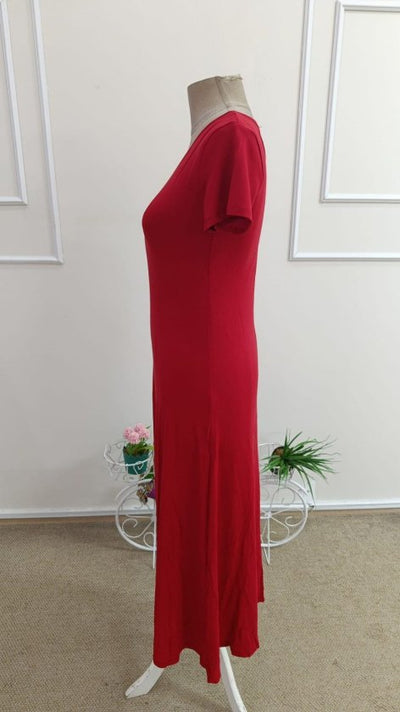 Rochie Midi Viscoză cu Mânecă Scurtă, Decolteu în V și Șliț pentru Femei, 33256