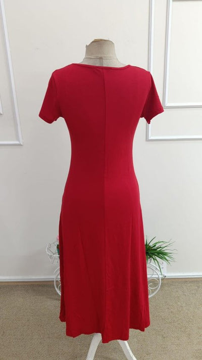 Rochie Midi Viscoză cu Mânecă Scurtă, Decolteu în V și Șliț pentru Femei, 33256
