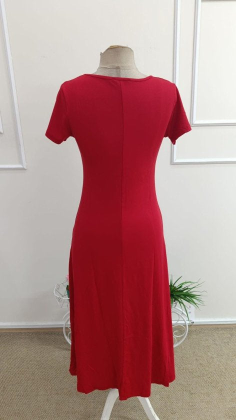 Rochie Midi Viscoză cu Mânecă Scurtă, Decolteu în V și Șliț pentru Femei, 33256