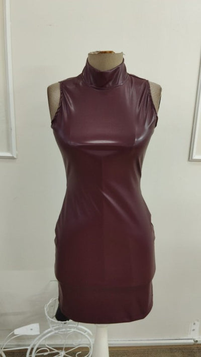 Rochie scurtă din piele, fără mâneci, cu guler înalt, pentru femei, 33261