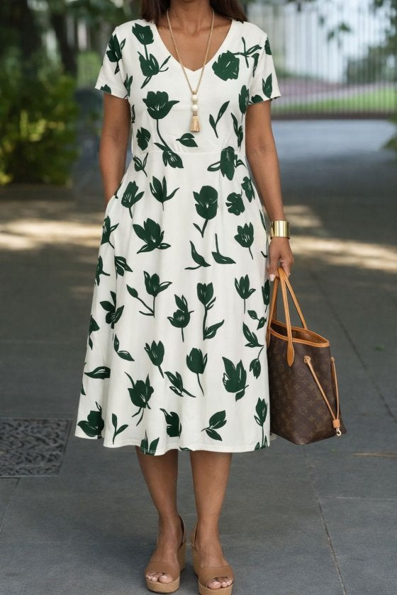 Women's Short Sleeve V-Neck Patterned Jersey Dress with Pocket Detail, 33266