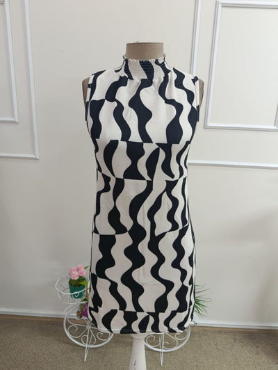 Rochie scurtă cu imprimeu, fără mâneci, cu guler înalt, pentru femei, 33275