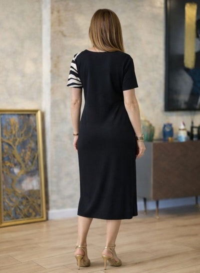 Rochie midi din viscoză cu mânecă scurtă, guler rotund, imprimeu leopard și crăpătură pentru femei, 33276