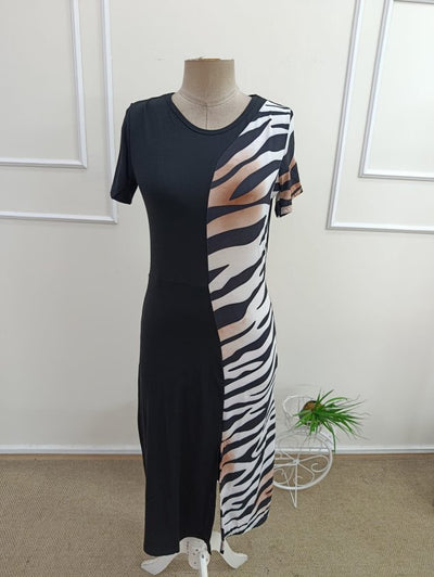 Rochie midi din viscoză cu mânecă scurtă, guler rotund, imprimeu leopard și crăpătură pentru femei, 33276