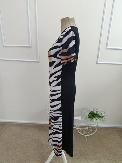 Rochie midi din viscoză cu mânecă scurtă, guler rotund, imprimeu leopard și crăpătură pentru femei, 33276