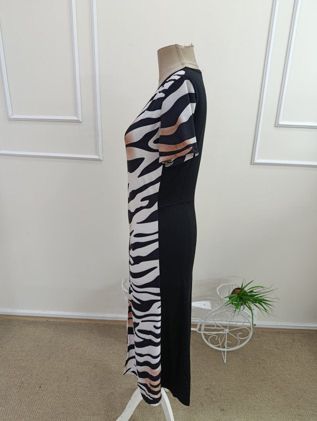 Rochie midi din viscoză cu mânecă scurtă, guler rotund, imprimeu leopard și crăpătură pentru femei, 33276