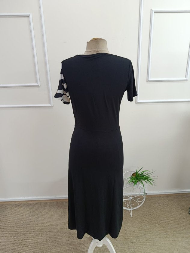 Rochie midi din viscoză cu mânecă scurtă, guler rotund, imprimeu leopard și crăpătură pentru femei, 33276