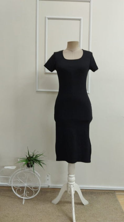 Women's Short Sleeve Round Neck Slit Ribbed Midi Dress, 33296