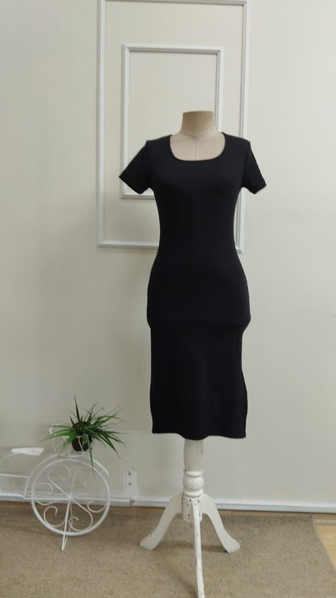Women's Short Sleeve Round Neck Slit Ribbed Midi Dress, 33296