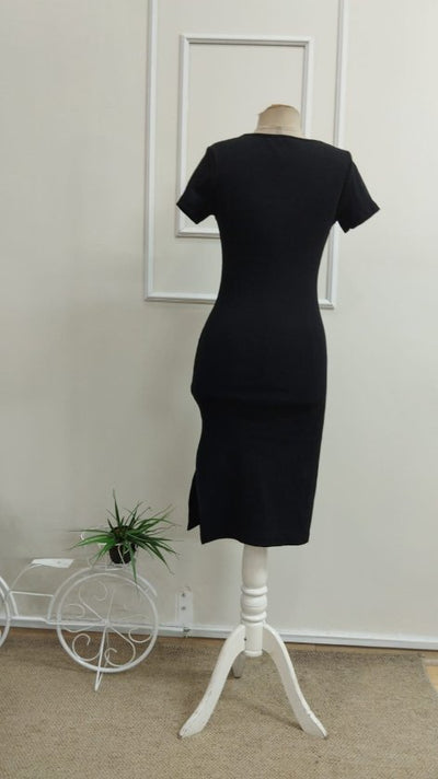 Women's Short Sleeve Round Neck Slit Ribbed Midi Dress, 33296