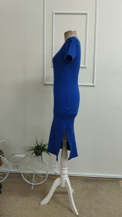 Women's Short Sleeve Round Neck Slit Midi Ribbed Knit Dress, 33298