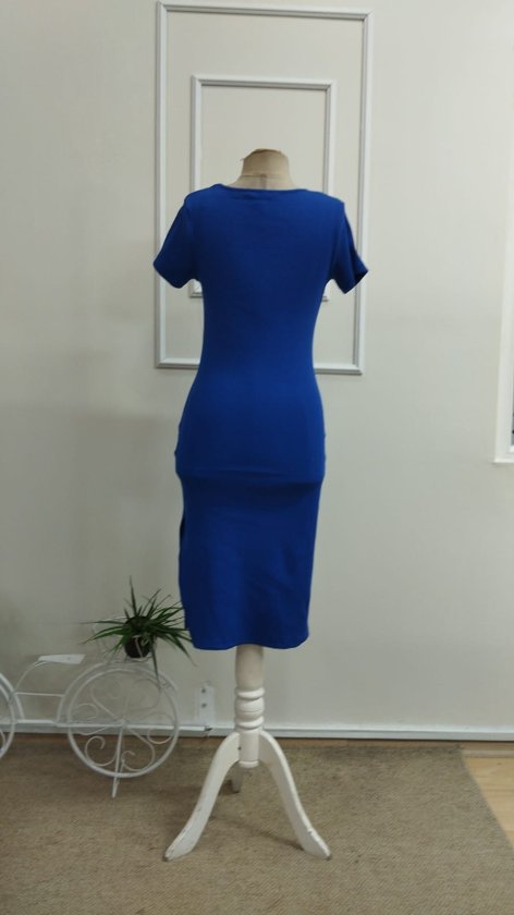 Women's Short Sleeve Round Neck Slit Midi Ribbed Knit Dress, 33298