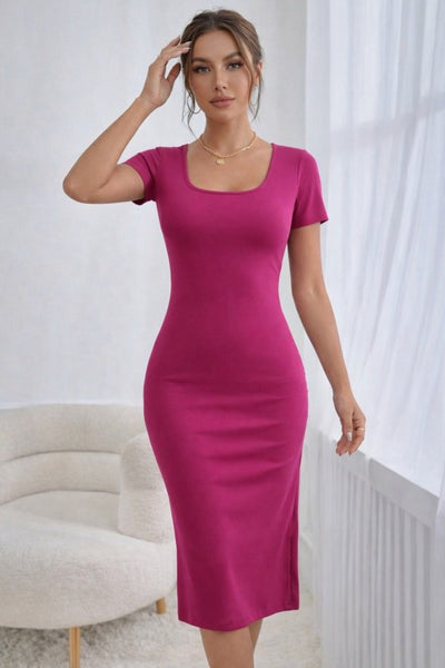 Women's Short-Sleeve Round-Neck Slit Ribbed Midi Dress, 33299