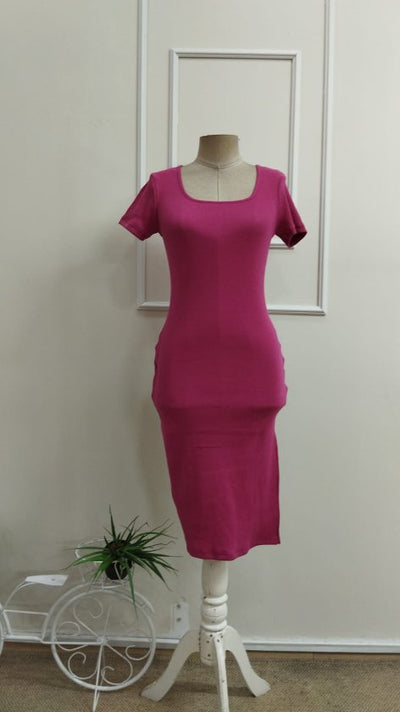 Women's Short-Sleeve Round-Neck Slit Ribbed Midi Dress, 33299