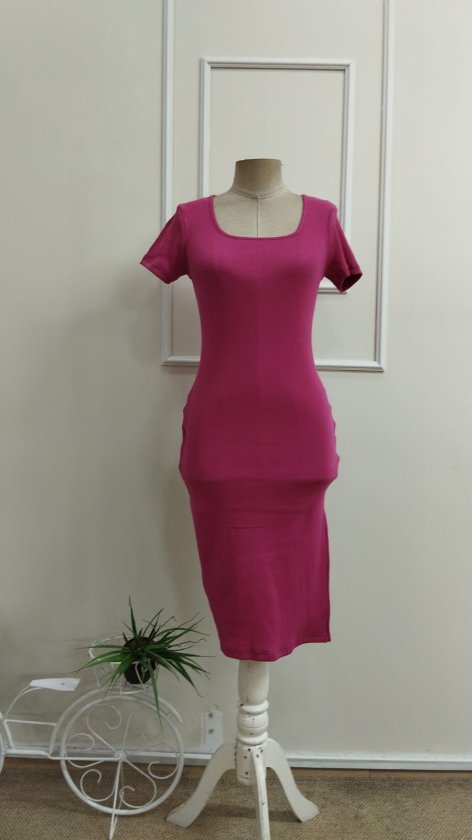 Women's Short-Sleeve Round-Neck Slit Ribbed Midi Dress, 33299