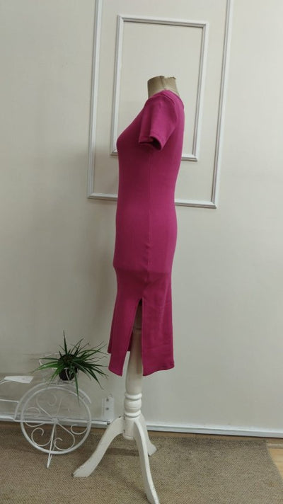 Women's Short-Sleeve Round-Neck Slit Ribbed Midi Dress, 33299