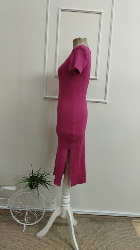 Women's Short-Sleeve Round-Neck Slit Ribbed Midi Dress, 33299
