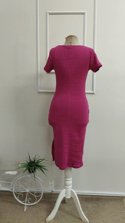 Women's Short-Sleeve Round-Neck Slit Ribbed Midi Dress, 33299