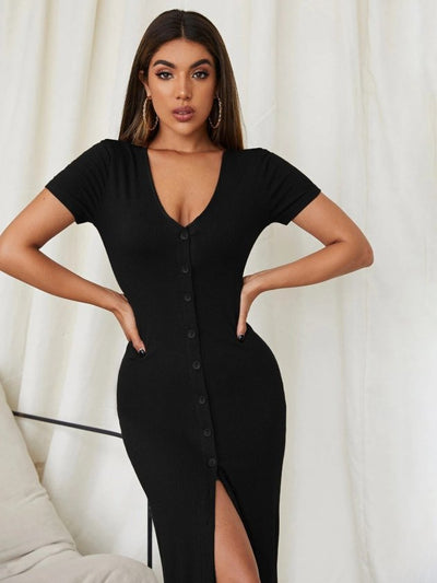 Women's Short Sleeve V-Neck Button Front Long Ribbed Dress, 33307