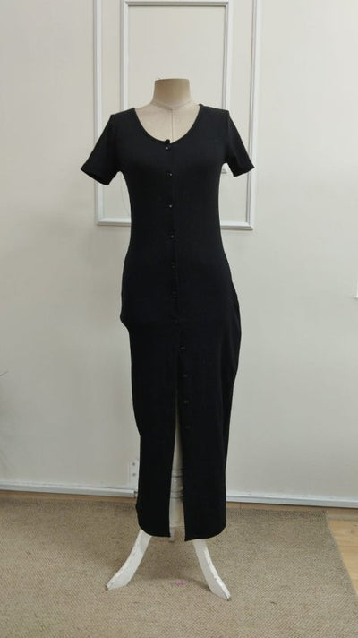 Women's Short Sleeve V-Neck Button Front Long Ribbed Dress, 33307