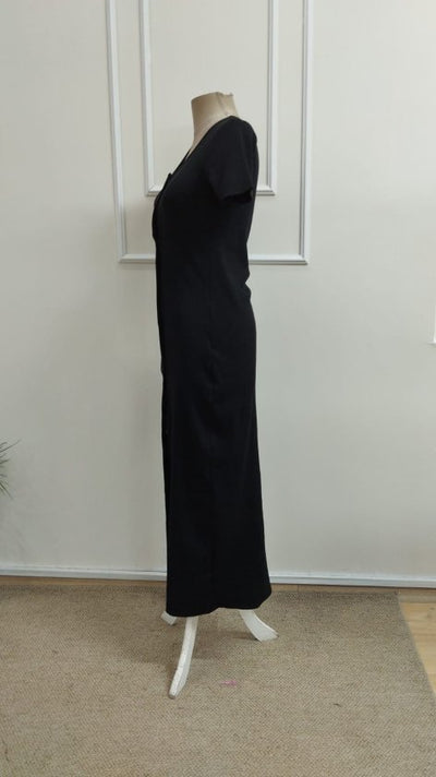 Women's Short Sleeve V-Neck Button Front Long Ribbed Dress, 33307