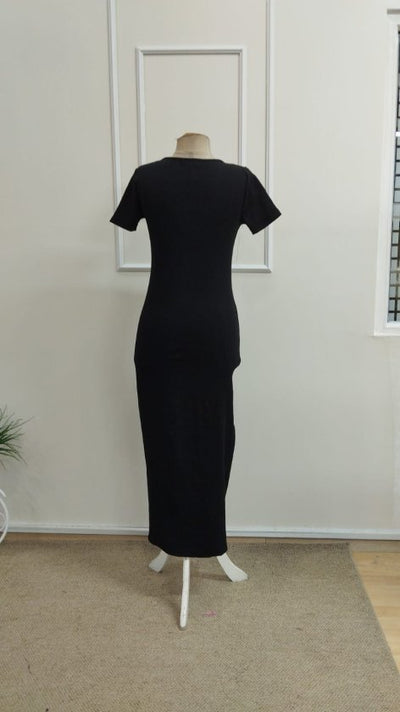 Women's Short Sleeve V-Neck Button Front Long Ribbed Dress, 33307