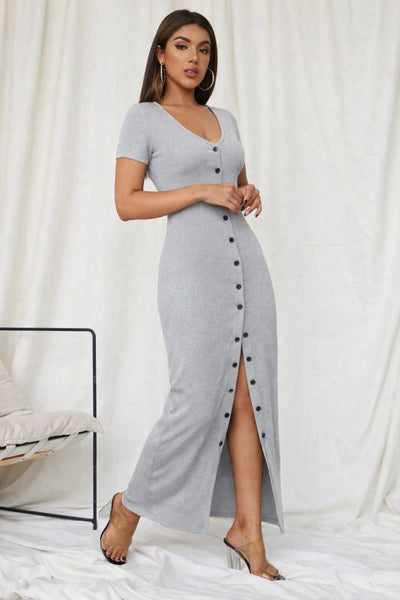 Rochie lungă cu corset, cu mânecă scurtă, decolteu în V și nasturi în față, pentru femei, 33306