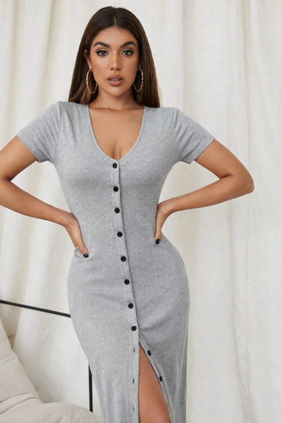 Rochie lungă cu corset, cu mânecă scurtă, decolteu în V și nasturi în față, pentru femei, 33306
