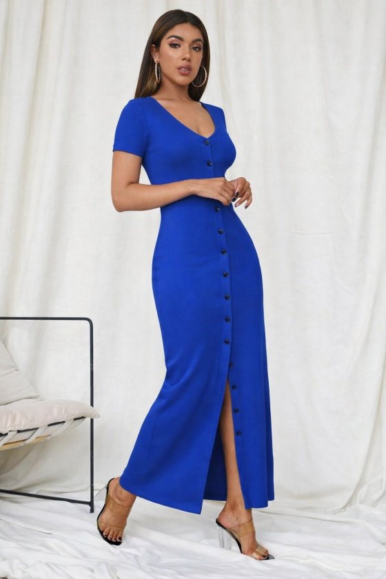 Rochie lungă cu corset, cu mânecă scurtă, decolteu în V și nasturi în față, pentru femei, 33308