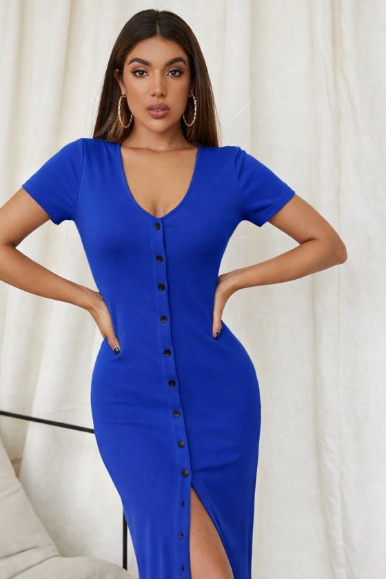 Rochie lungă cu corset, cu mânecă scurtă, decolteu în V și nasturi în față, pentru femei, 33308
