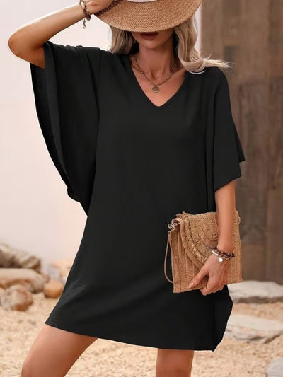 Women's Short Sleeve V-Neck Ruffle Side Short Imported Crepe Dress, 33312