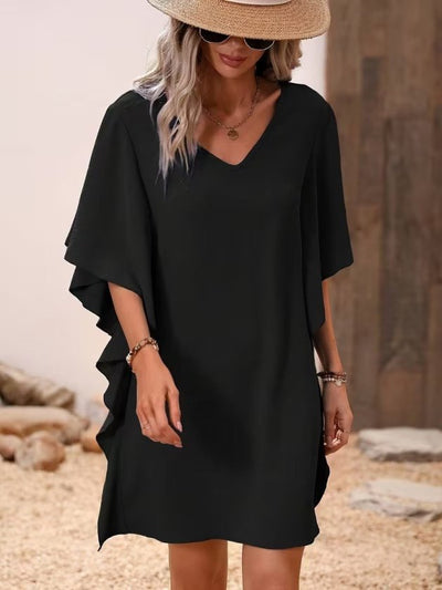 Women's Short Sleeve V-Neck Ruffle Side Short Imported Crepe Dress, 33312