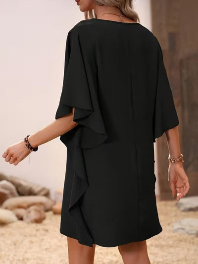 Women's Short Sleeve V-Neck Ruffle Side Short Imported Crepe Dress, 33312