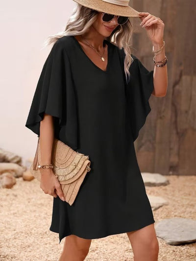 Women's Short Sleeve V-Neck Ruffle Side Short Imported Crepe Dress, 33312