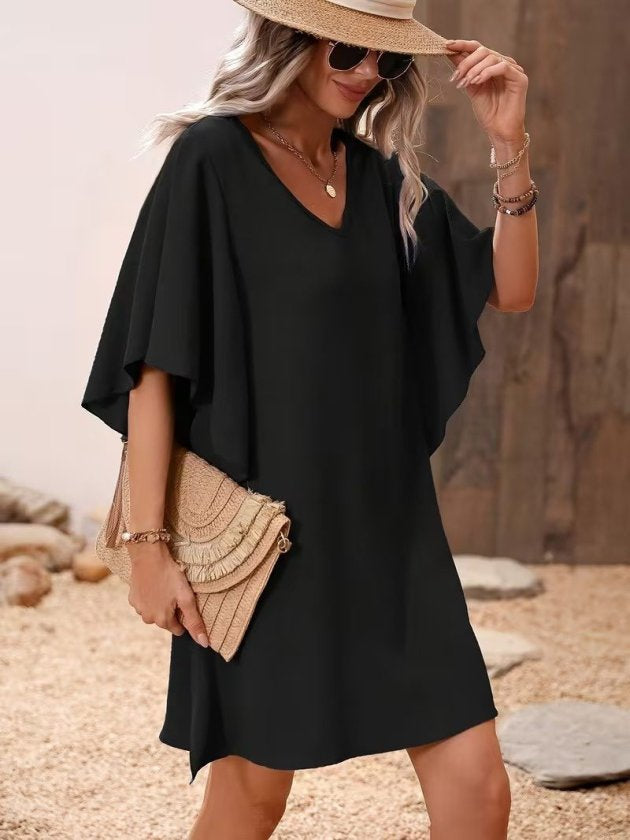 Women's Short Sleeve V-Neck Ruffle Side Short Imported Crepe Dress, 33312