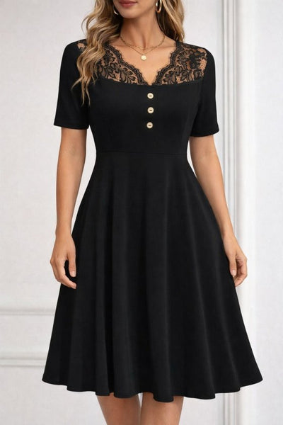 Rochie scurtă din crep strălucitor, cu mânecă scurtă, decolteu în V și nasturi, pentru femei, 33313