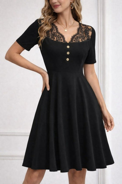 Rochie scurtă din crep strălucitor, cu mânecă scurtă, decolteu în V și nasturi, pentru femei, 33313