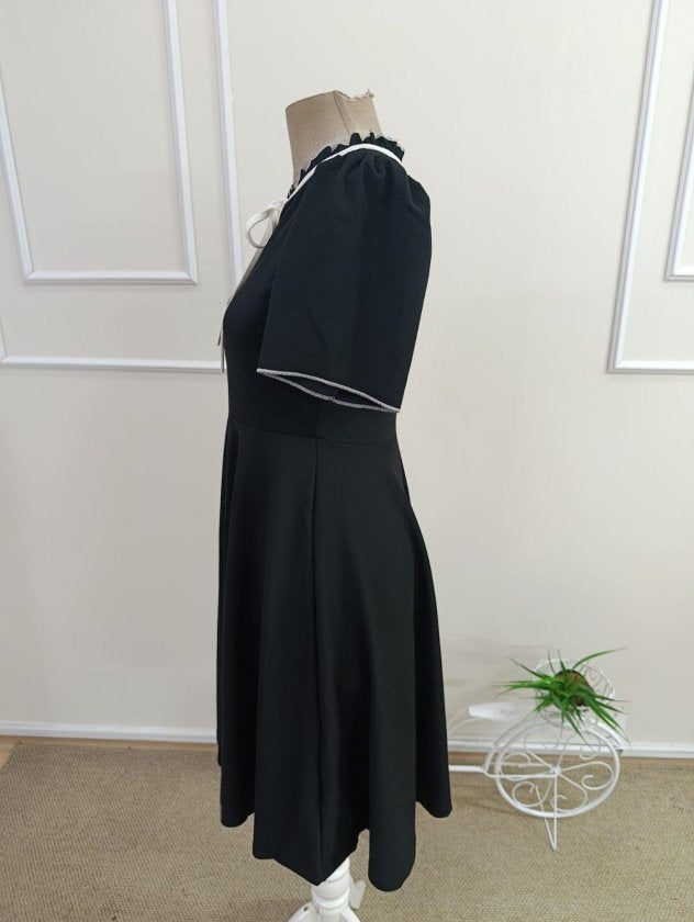 Rochie crep Janjan midi pentru femei cu maneca scurta, snur la gat si volanuri la baza, 35718